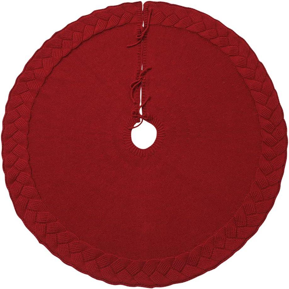 vctops Christmas Tree Skirt 48 Inch Large Rustic Knitted Xmas Tree Skirts Mat Cable Knit Trim Border Tree Skirt for Holiday Party Decorations - Burgundy