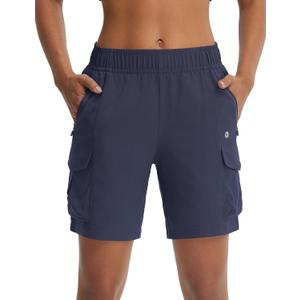 baleaf Women's 7'' Hiking Shorts Lightweight Water Resistant Athletic Golf Cargo Shorts with Zipper Pockets Quick Dry Summer (X-Large, Navy Blue)