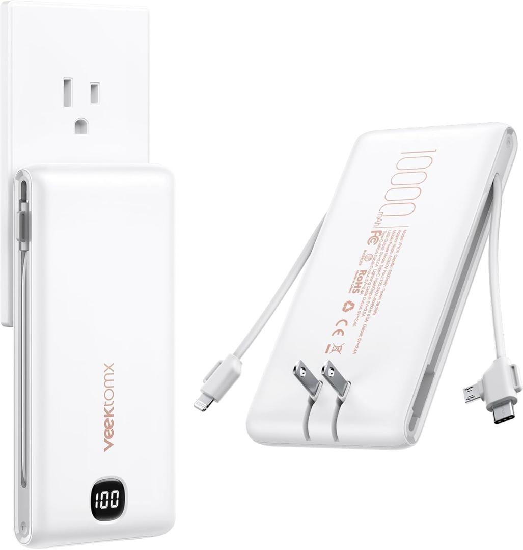 VEEKTOMX Portable Charger with Built in Cables 10000mAh, Power Bank for iPhone with Wall Plug, Travel Essential Fast Charging USB C Slim External Battery Pack for iPhone 17/16/15, Samsung, iPad, etc (White)