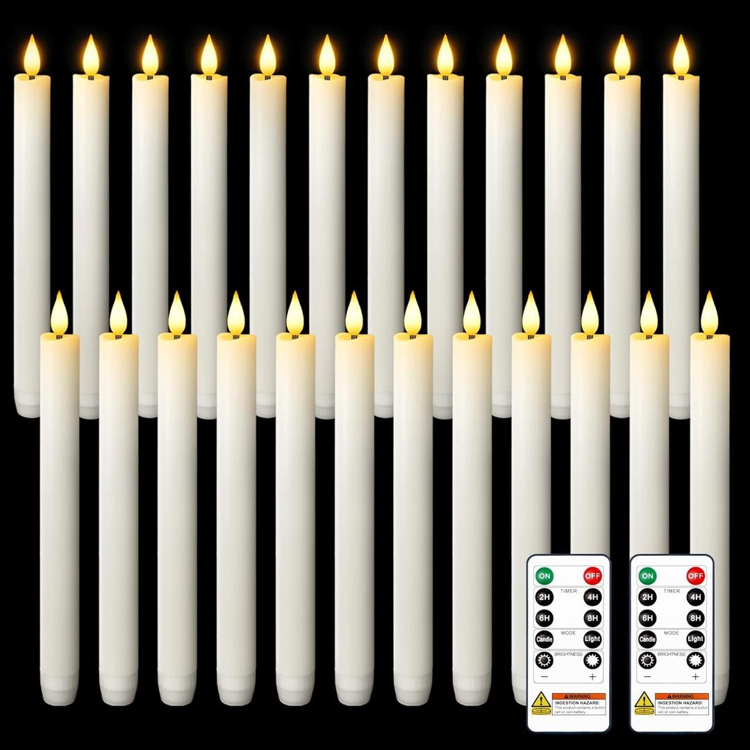 Homemory 24 Pcs Waxy Flameless Taper Candles with Remote, Flickering Battery Operated Taper Candle, Led Flameless Candlesticks Classic Tall Candles for Home, Wedding, Party, White, 9.6 inches