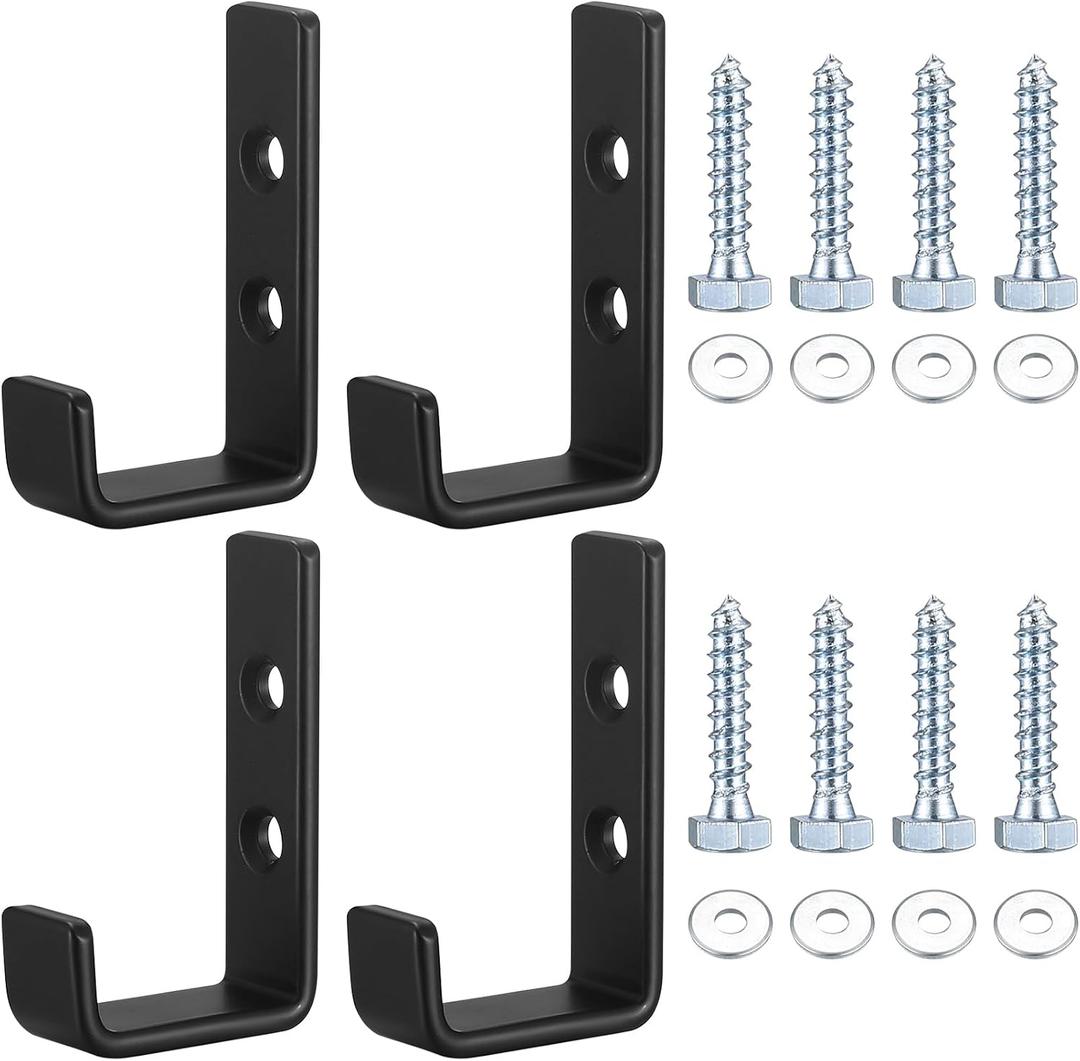 Heavy Duty Garage Hooks for Hanging, 4pcs Black Garage Storage Wall Mount J Hook Heavy Duty, J Utility Hooks for Extension Cord Tool Cable, Clothes, Keys Hook (4Pcs)