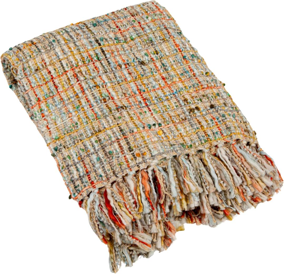 Creative Co-Op Woven Acrylic Boucl Throw Blanket with Fringe, Multicolor