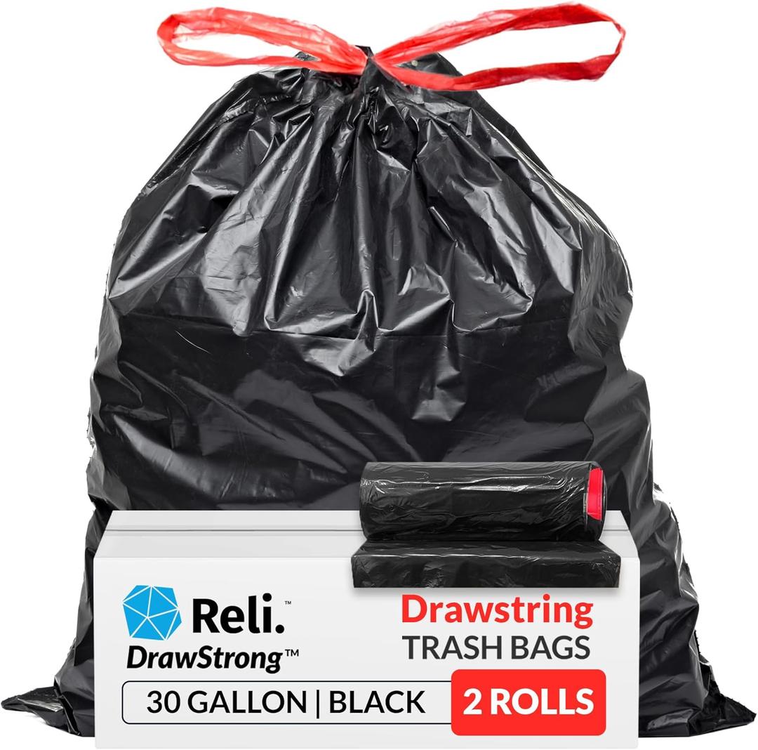 Reli. 30 Gallon Trash Bags Drawstring | 150 Count | Black | 30 Gallon Garbage Bags Heavy Duty | Large 30 Gal