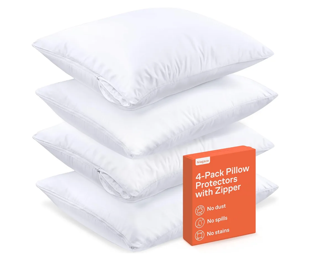 Ultra Soft Pillow Protectors with Zipper Standard Size - Set of 4 Breathable Pillow Covers - 100% Protection Against Stains, Dust & Dirt - Machine Washable (White)
