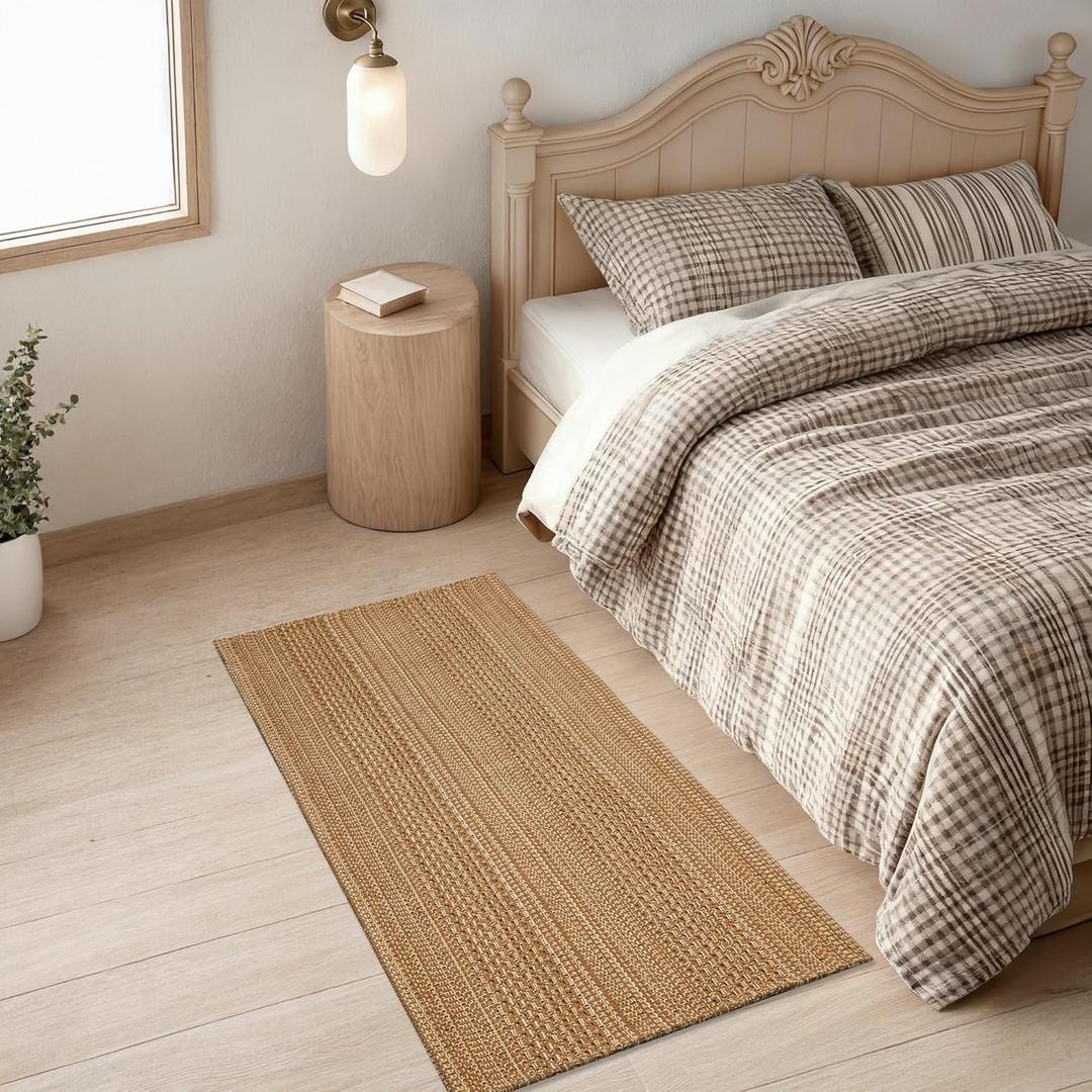 2' x 4' Entryway Rug, Boho Small Area Rug, Machine Washable, Woven Rug, Non-Slip, Vintage Design, Pet Friendly, Soft Faux Fibre, for Indoor Entryways, Bedroom, Kitchens, Front Doors, Light Taupe Brown