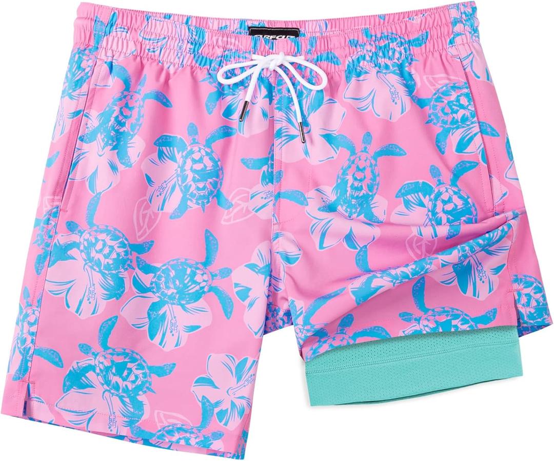 SURF CUZ Mens Swim Trunks with Compression Liner Swim Shorts 7" Swimming Trunks Stretch 7 Inch Swim Suits Quick Dry (Medium, Pink Blue Turtles)