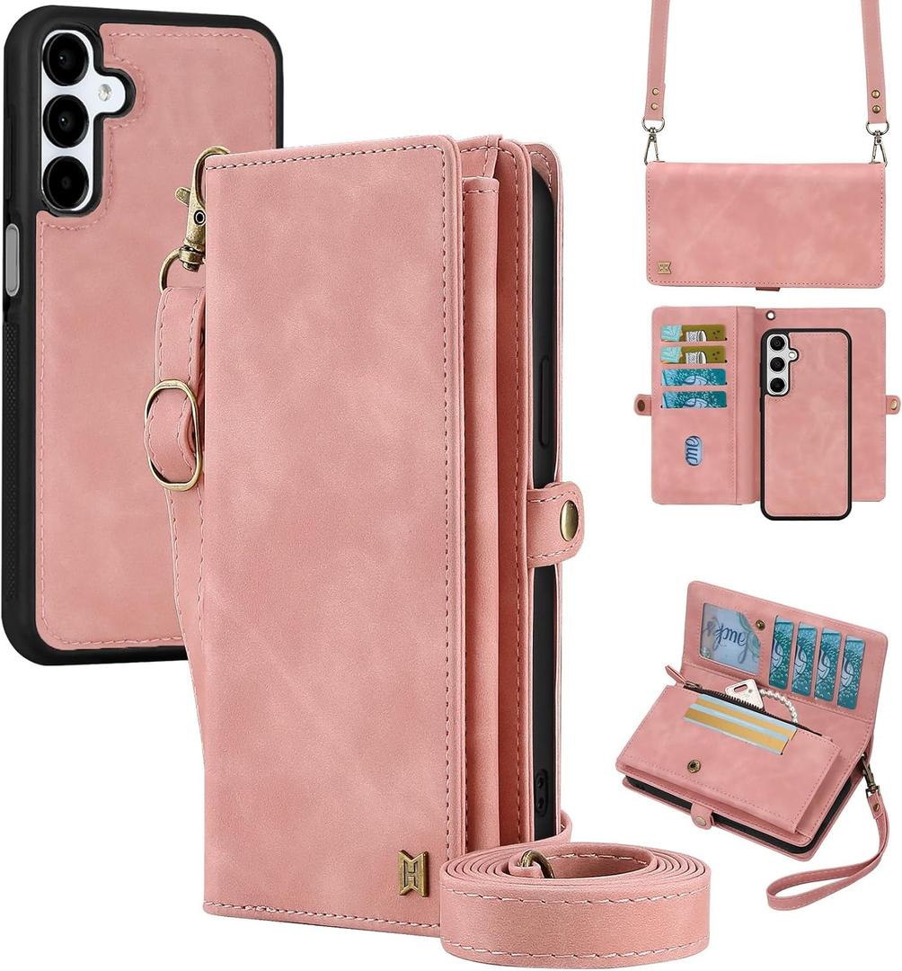 for Wallet Case Compatible with Samsumg Galaxy S24 Plus Multi-Function Detachable 2 in 1 Magnetic Phone Case Wallet,Flip Strap Zipper Card Holder Phone Case with Shoulder Straps (Pink)