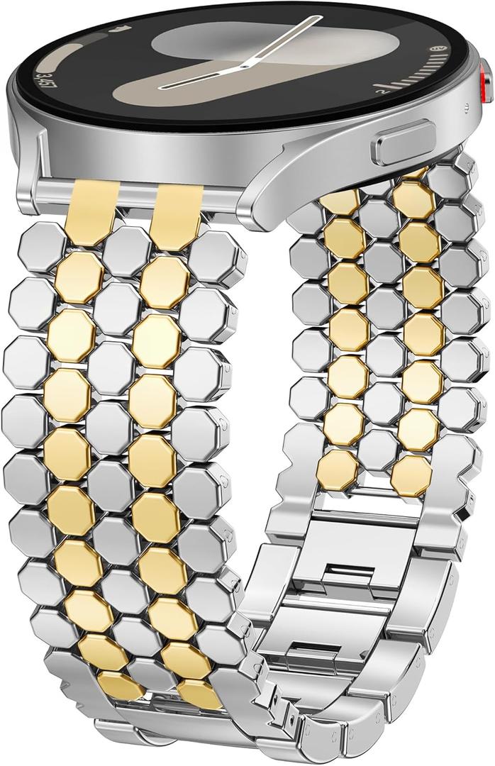 Minyee Compatible with Samsung Galaxy Watch 7 6 5 4 FE 40mm 44mm/Watch 6 Classic 43mm 47mm/Watch 5 Pro 45mm Bands for Women, 20mm Dressy Metal Gold Chain Honeycomb Luxury Chic Link Bracelet Strap