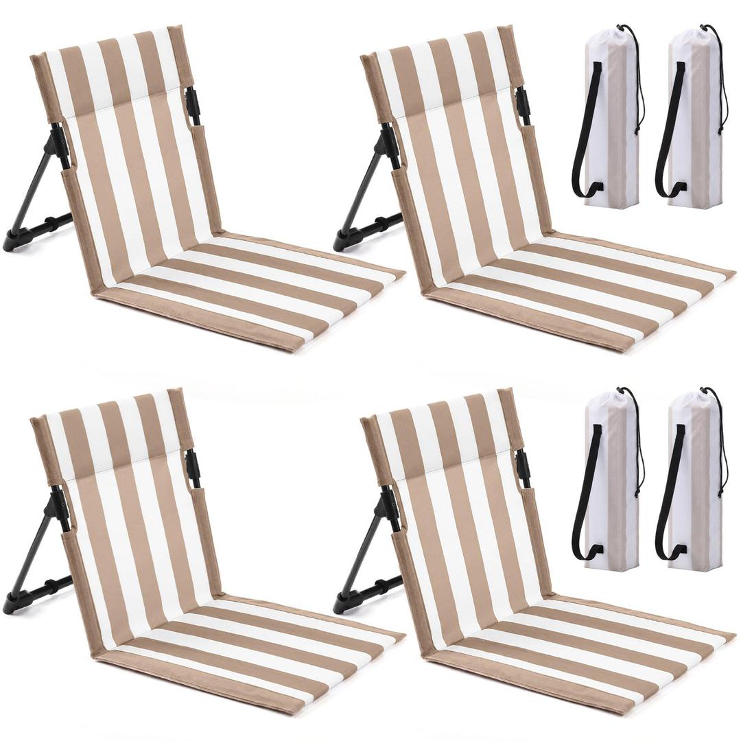 Karenhi 4 Pack Foldable Poolside Chairs Portable Beach Chair Khaki Stripe Folding Lounge Seat with Back Support with Carry Bag for Outdoor Adults Traveling Camping Picnic Lawn