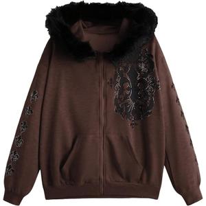 SOLY HUX Women's Zip Up Hoodie Streetwear Graphic Hoodies Y2K Jacket with Fur Collar 90s Outfits Gothic Scene Clothes, Small