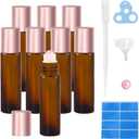 8 Pack Rose Quartz Roller Bottles for Essential Oils, 10ml Refillable Amber Glass Roll On Bottles with Natural Crystal Roller Balls, Leak-Proof Travel Perfume Bottle with Rose Gold Caps