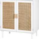 Finnhomy Sideboard Buffet Cabinet, Kitchen Storage Console with Rattan Decorated Doors, Liquor Buffet, Dining Room, Hallway, Cupboard Console Table, Accent Cabinet, 31.5X 15.8X 34.6 Inches, White