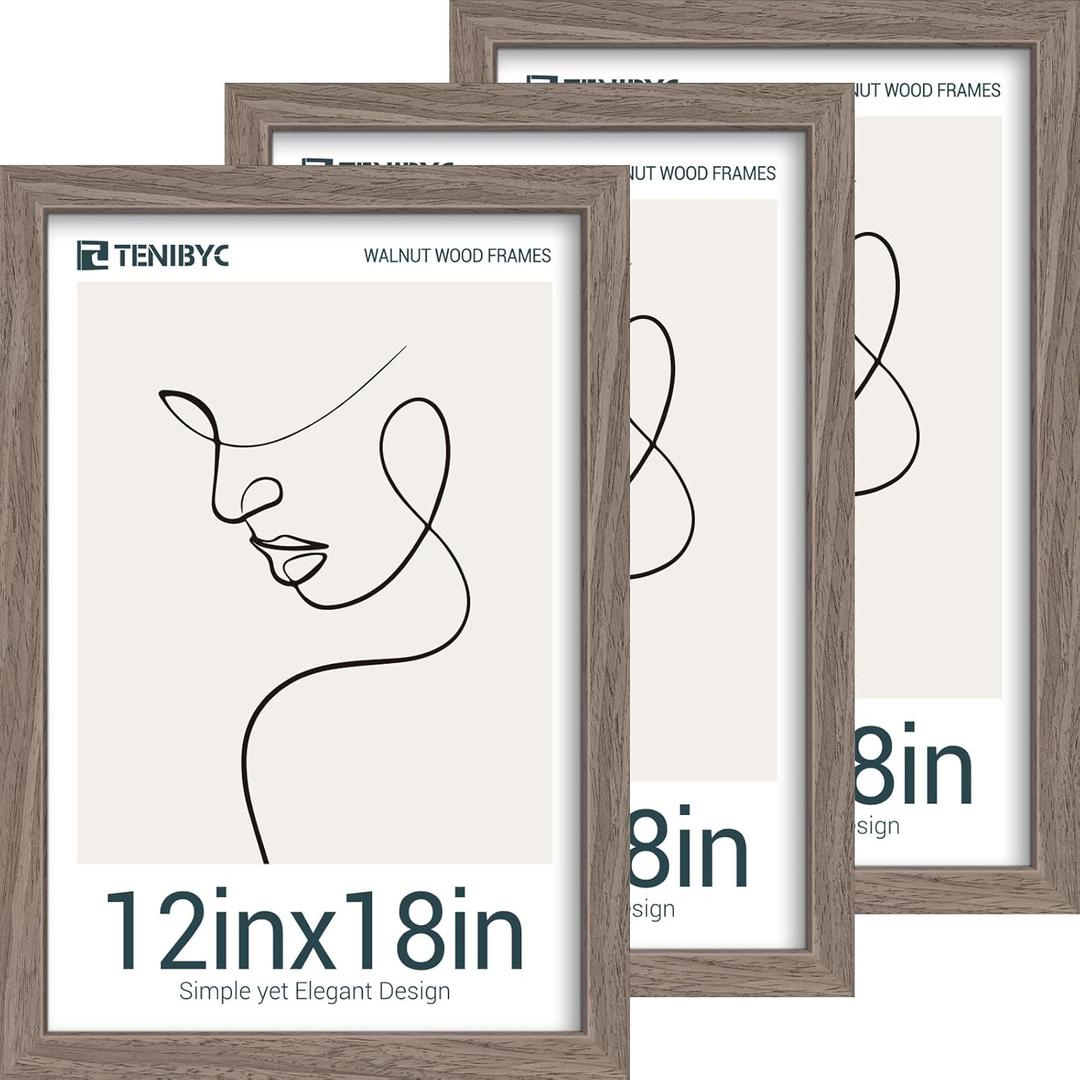 12x18 Walnut Picture Frame Set of 3 with HD Glass - Natural Brown, Solid Wood Poster Frame, Wall Hanging