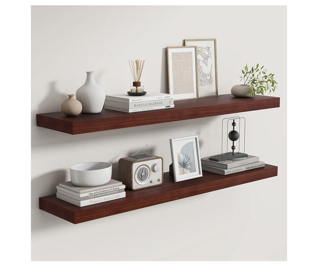 Fun Memories Rustic Real Wood Floating Shelves, 8 Inch Deep Floating Shelf Wall Mounted, 36" W x 8" D Wall Shelves Storage Shelves for Living Room, Bedroom, Bathroom, Red Brown, Set of 2