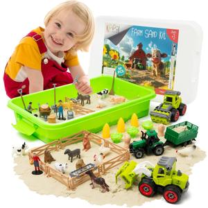 59 PCS Farm Sensory Bin - Sandbox with Lid, 2.2 LB Sensory Sand Kit for Boys, Toddler Farm Toys, 3 Take Apart Construction Trucks -Sensory Toys for Kids 5-7, 3-4 & Up- Kids Gifts for Boys and Girls