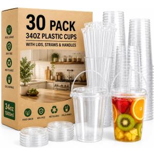 30 Sets 34 oz Drink Buckets with Lids and Straws, Reusable Clear Plastic Party Cups for Iced Coffee, Smoothies, Milkshakes, Sturdy & Durable Beverage Tubs for Lemonade, Pool and Beach Parties