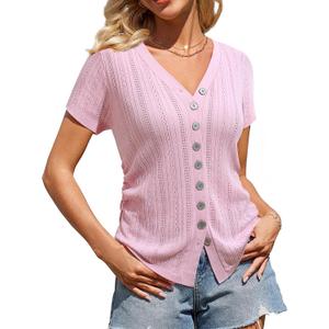 Messic Womens Short Sleeve Sweaters V Neck Casual Summer Knit Pullover Tops (Pink, XL)