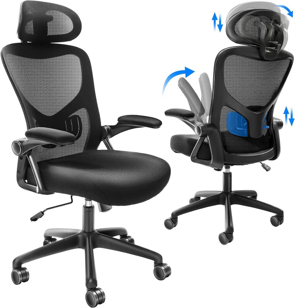 VEVOR Ergonomic Office Chair, Adjustable Lumbar Support and Headrest, Home Desk Chair with Flip-up Armrest, 90-128 Tilt Rocking and Thickened Seat, Mesh Computer Chair for All Day Comfortable Sitting (Black)