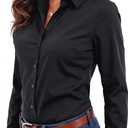 Women's Basic Button Down Shirts Long Sleeve Plus Size Simple Stretch Formal Casual Shirt Blouse (Black, L)