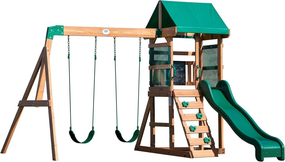 Backyard Discovery Buckley Hill Cedar Wood Swing Set with Wave Slide, Play Deck, Rock Wall Ladder, Belt Swings, Chalkboard, Canopy Roof, Outdoor Playset (Green)
