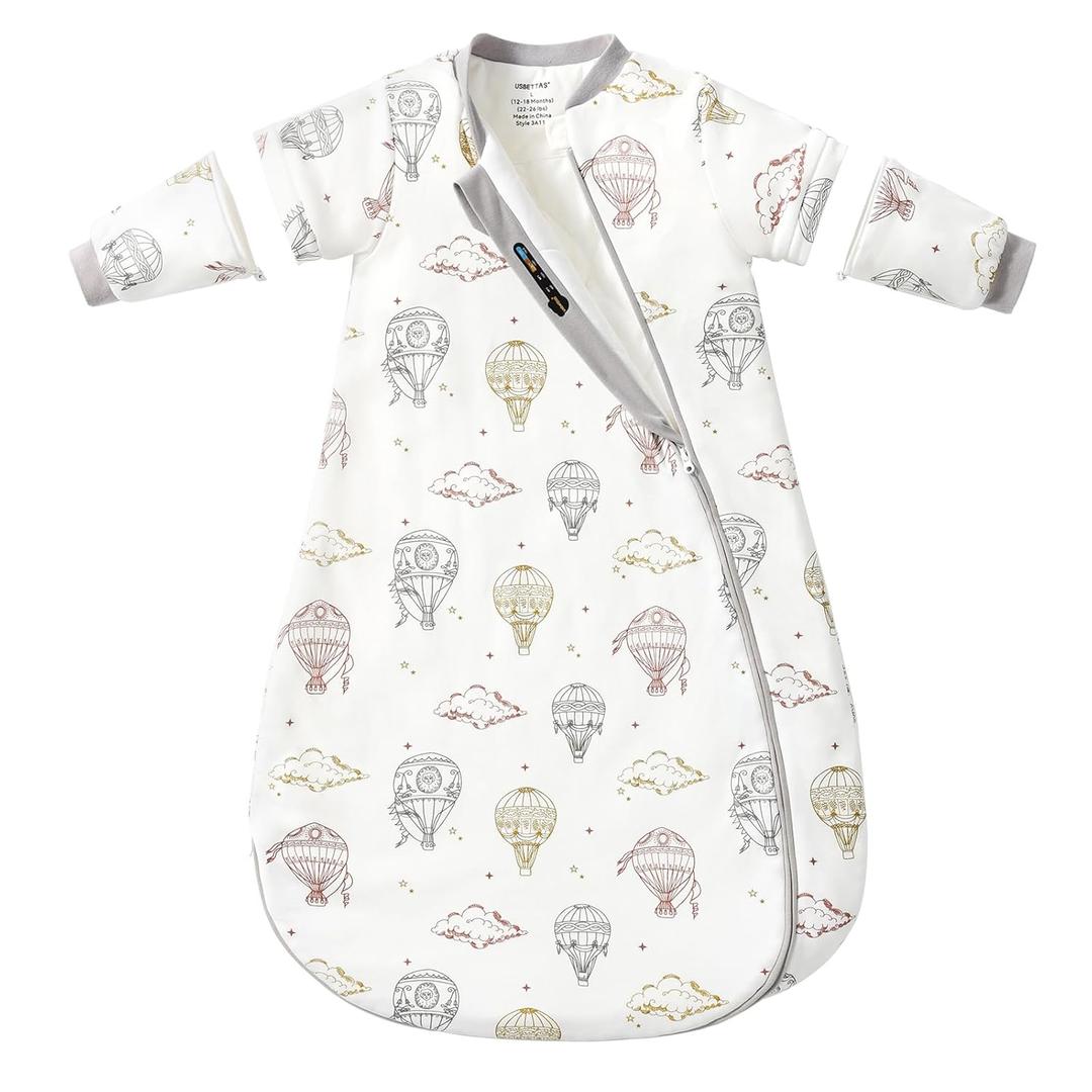 Baby Sleep Sack 3-6 Months, 2.5 TOG Warm Cotton Sleep Sack with Detachable Long Sleeves, Winter Wearable Blanket for Cold Nights, 2-Way Zipper Toddler Sleeping Sack, Hot Air Balloon