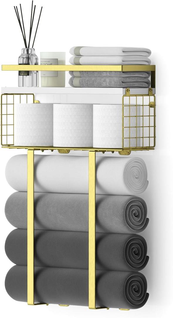 Towel Racks for Bathroom, Bathroom Shelf Over Toilet,Floating Shelves with Towel Rack Paper Holder Storage Basket,Floating Shelves for Wall Decor,Gold (Large)
