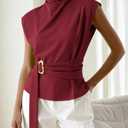 PRETTYGARDEN Women Blouses Spring Dressy Cap Sleeve Mock Neck Work Shirts Buckle Tunic Summer Business Casual Tops 2026 (Red, S)