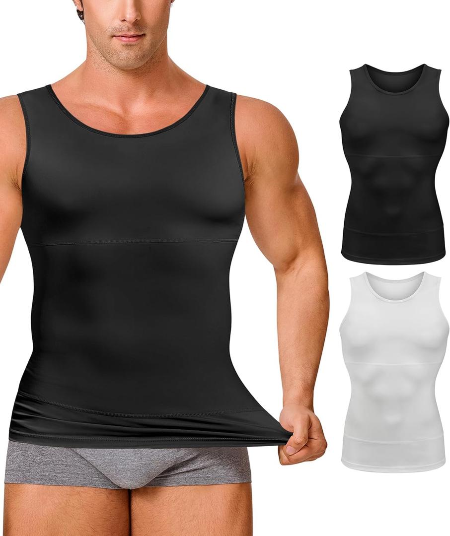 Gotoly Men Compression Shirt Shapewear Slimming Body Shaper Vest Undershirt Tummy Control Tank Top(Black+White 2pcs, Large)