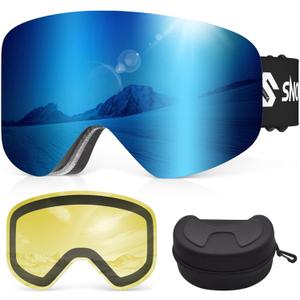 Ski Goggles, Frameless Snowboard Goggles with 2 UV400 Magnet Ski Lenses for Men & Women (Blue(vlt 16.3%) + Yellow(vlt 83%))