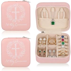 2 Pcs First Communion Travel Jewelry Box, Small Pink Case with Zipper & Soft Lining, Christian Keepsake Organizer for Rings Earrings Necklaces, Religious Keepsake Gift for Girls (2, Pink)