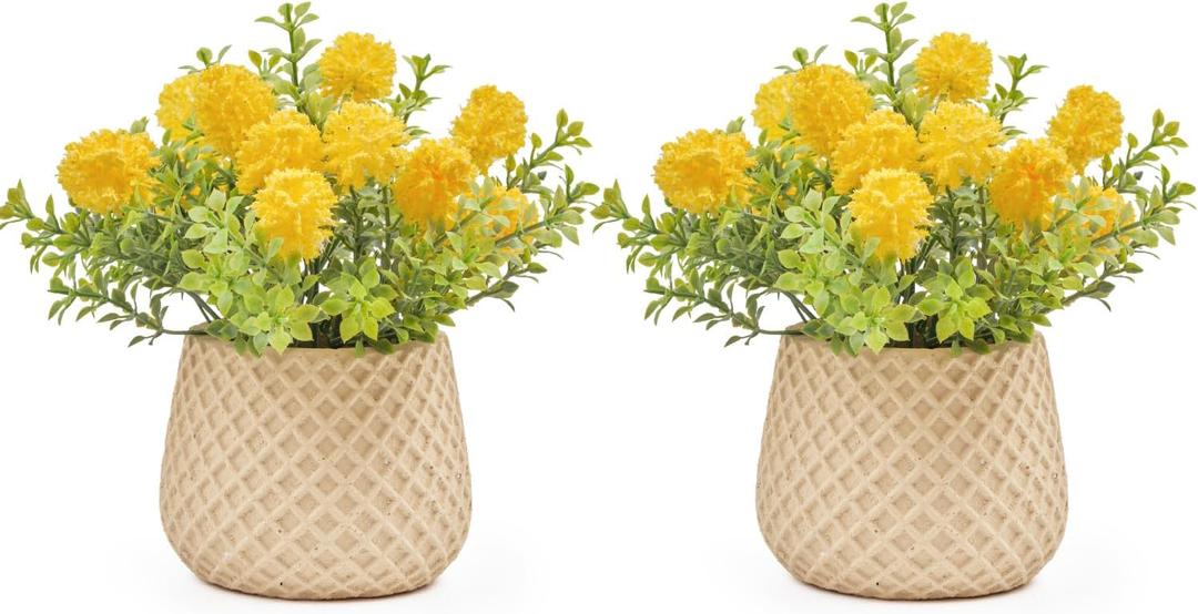 Fake Plants Small with 2 Pack, The Goleden Ball Flower for Bathroom Shelf Decor, Decorative Plants for Home Living Room Office Bedroom Table Tray Shelve Farmhouse Decor Indoor(Yellow)