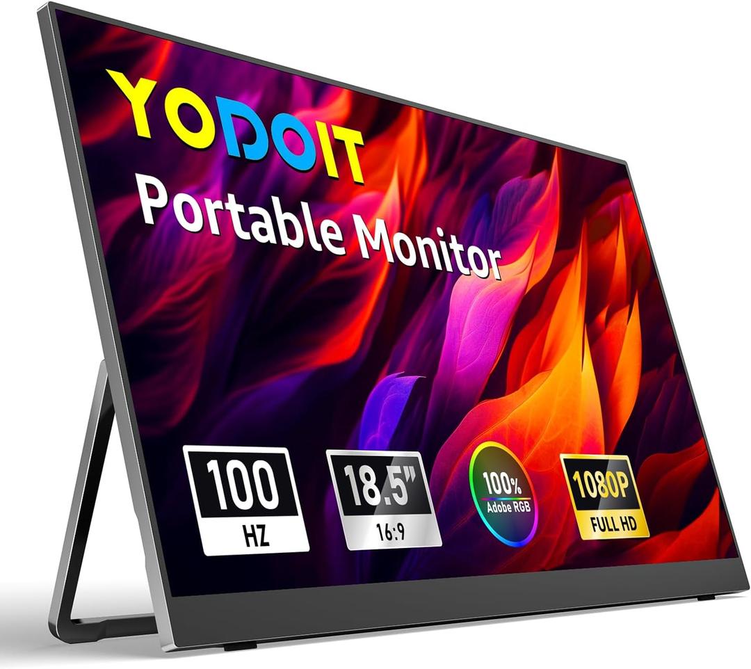 Yodoit Portable Monitor for Laptop 100Hz 18.5" FHD 1080P Screen IPS Display with USB Type C Port and Speakers with Smart Cover Metal Compatible with PC, MacBook, Xbox (Black)