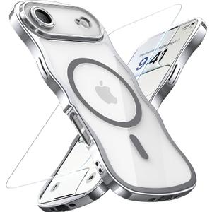 for iPhone Air Case: [Cute Wave Frame][Fit for MagSafe] Military Drop Shockproof Protection, Camera Protective, Glossy Slim Magnetic Wavy Phone Cover for Women Girls 6.5'', Clear/Sliver (Silver)