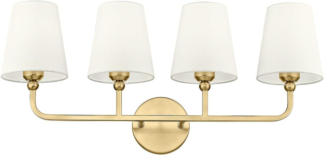 4-Light Bathroom Light Fixtures, Brushed Gold Vanity Lights with Flared Beige Fabric Shade, 28 Inch Wall Sconce, Vintage Sconces Wall Lighting for Hallway Bedroom, VL837-BG-B-4