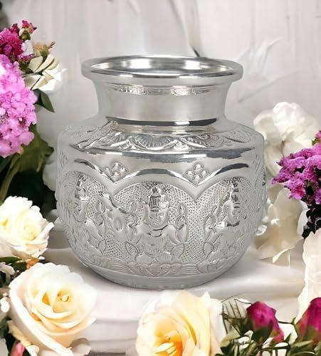 Traditional Indian Kalash (Chambu)  5 Inch German Silver Ashtalakshmi Pooja Pot for Hindu Prayer, Home Temple & Festive Rituals K2559