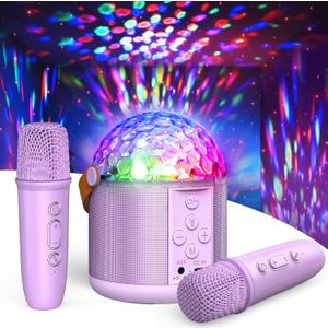 Karaoke Machine with Disco LED Lights for Adults Kids, Portable Bluetooth Speaker with 2 Wireless Microphone, Gifts Toys for 3-12+ Kids Birthday Family Home Party (Purple)