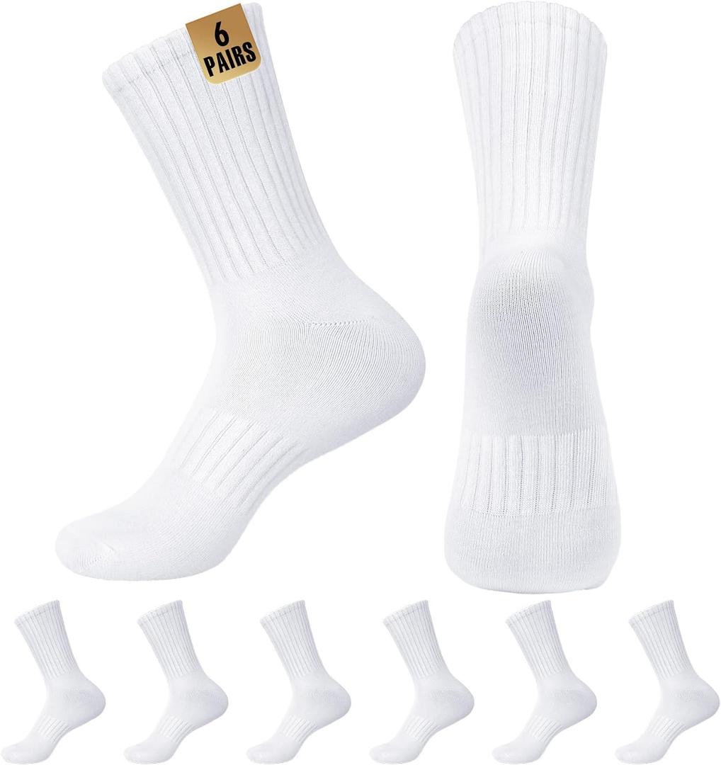 MUQU Mens White Crew Socks - Sports Thin Athletic Breathable Running Long Socks 6 Pairs (White, L)