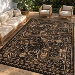 Arenarug Paisley Waterproof Outdoor Rug 4x6, UV Resistant, Taupe | Machine Washable, Easy to Clean, Non Slip, Faux Linen Outdoor Carpet for Patio, Deck Balcony Backyard