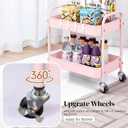 Pink 2 Tier Rolling Cart Metal with Wheels Under Desk Storage Cart for Small Space Organization, Small Trolley for Pantry Room Laundry Bathroom Kitchen Office Art Snack Baby Supplies