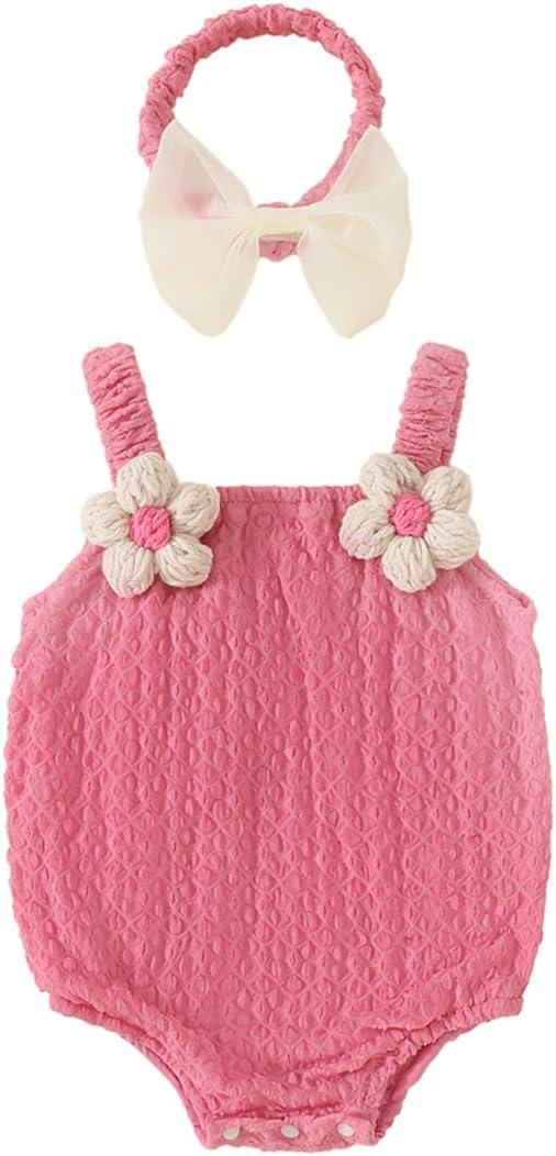 Baby Girl Bubble Romper with Butterfly Bow Back Newborn One-Piece Summer Outfit Cute Sleeveless Jumpsuit for Infants
