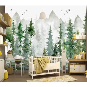 Peel and Stick Nursery Forest Wallpaper Watercolor Pine Tree Mural, Color Yh01, Size: 137"x96"