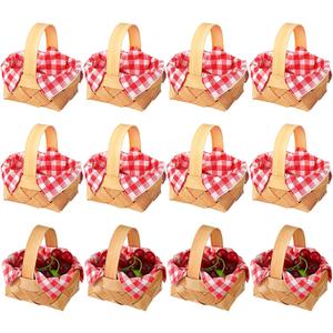 Geelin 12 Pcs Mini Woven Basket with Handle and Red White Gingham Paper Napkins Wood Chip Mini Flower Fruit Picnic Basket Chip for Easter Spring Wedding Party Gift Decoration (Medium)