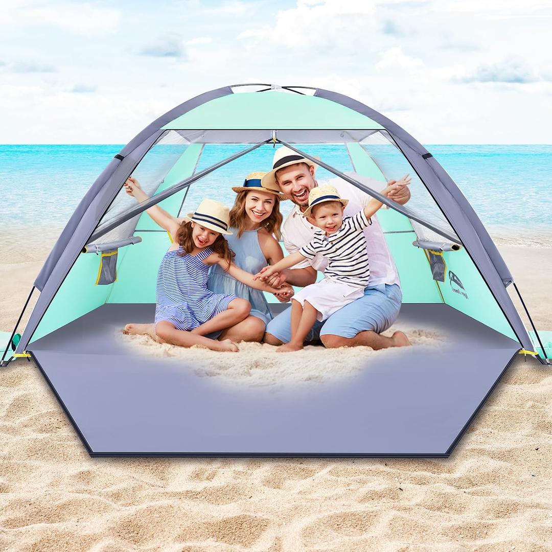 Happy Travel Beach Tent Sun Shelter for 3/4/5/6/7/8 Person, Portable UPF 50+ UV Protection Beach Shade Canopy for Family & Baby, Lightweight & Easy Setup Beach Cabana with 3 Ventilation Mesh Windows