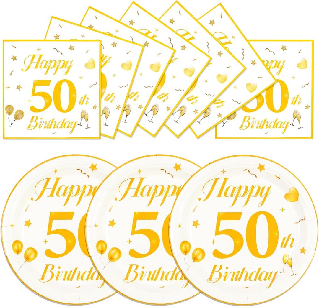 50PCS 50th Happy Birthday Plates and Napkins,7 Inch Premium Wihte and Gold Birthday Dessert Cake Plates Party and Cocktail Napkin for Men and Women Table Anniversary Decoration