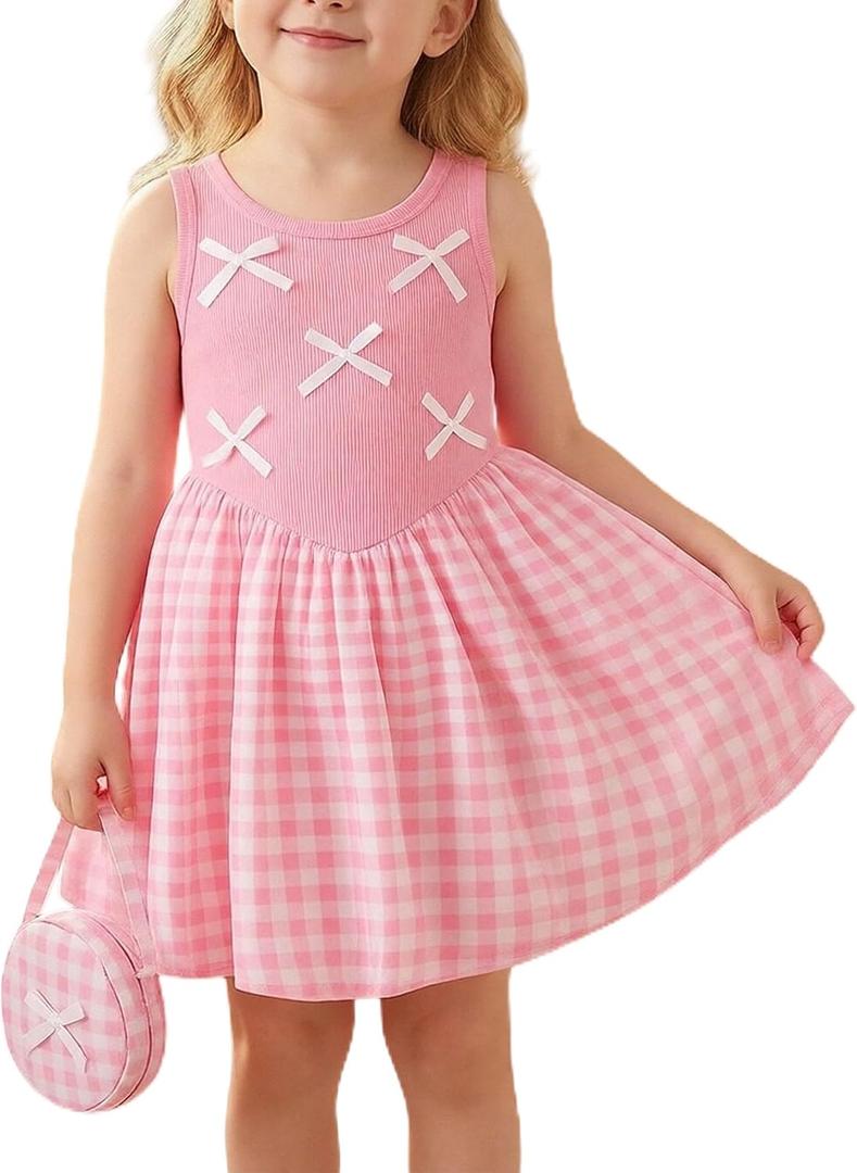 Toddler Girls Dresses Summer Sleeveless Bubble Dress Kids Crew Neck Sling Sundress with Headband and Handbag 2-8Y