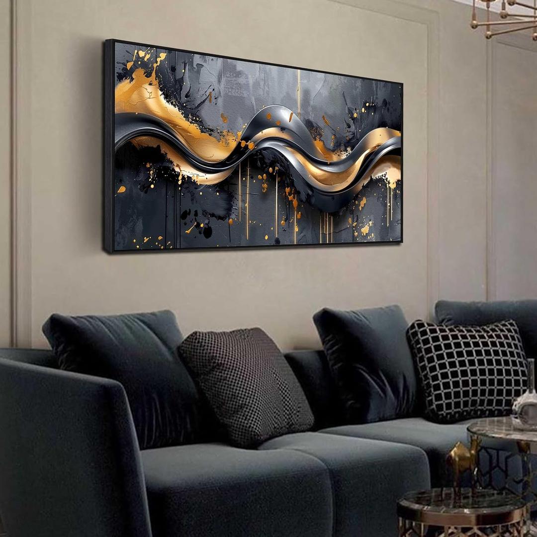 Gold Canvas Wall Art Black Artwork Large Abstract Wall Decorations Modern Pictures for Bedroom Living Room 24"x 48"