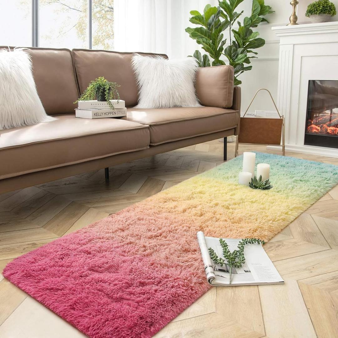 DweIke Luxury Shaggy Runner Rugs for Bedroom, 2x6 Feet Fluffy Runners Carpet for Girls Boys Kids, Non-Slip Extra Comfy Plush Bed Beside Rug for Living Room Nursery Home Decor, Rainbow Pink