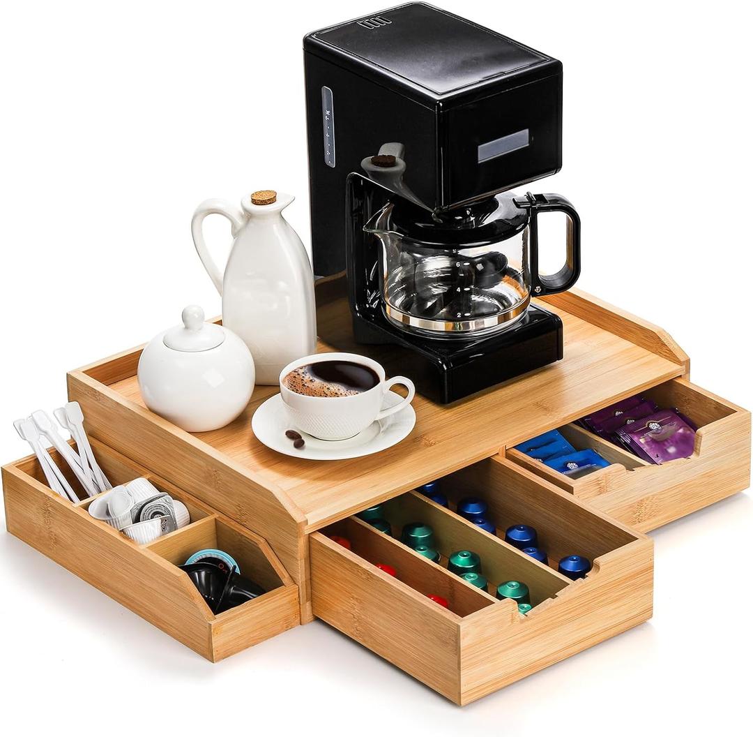 SOUJOY Bamboo Drawer Organizer for Coffee Pod, K Cup Organizer for Counter, Tea Bag Storage Organizer with Drawer and Side Storage Box for Kitchen Office Coffee Bar