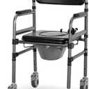 Bedside Commode Chair Foldable Height-Adjustable Toilet Chair with PU Seat 3" Locking Wheels,400lbs Capacity, 22.8-40.6" Adjustable Foldable Shower Chair (Toilet-Round)