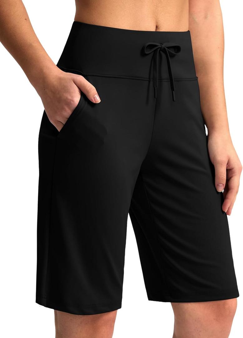 G Gradual Women's Bermuda Shorts with Pockets 11" Knee Length Stretch Comfy Drawstring Long Shorts for Women Summer Walking (Black, L)